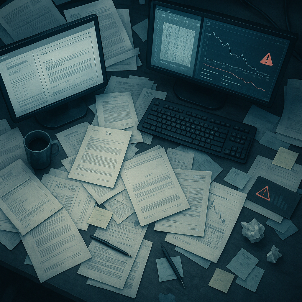 Disorganized research workflow with scattered filings, transcripts, and spreadsheets